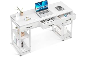 ODK Office Small Computer Desk: Home Table with Fabric Drawers & Storage Shelves, Modern Writing Desk, White, 48"x16"