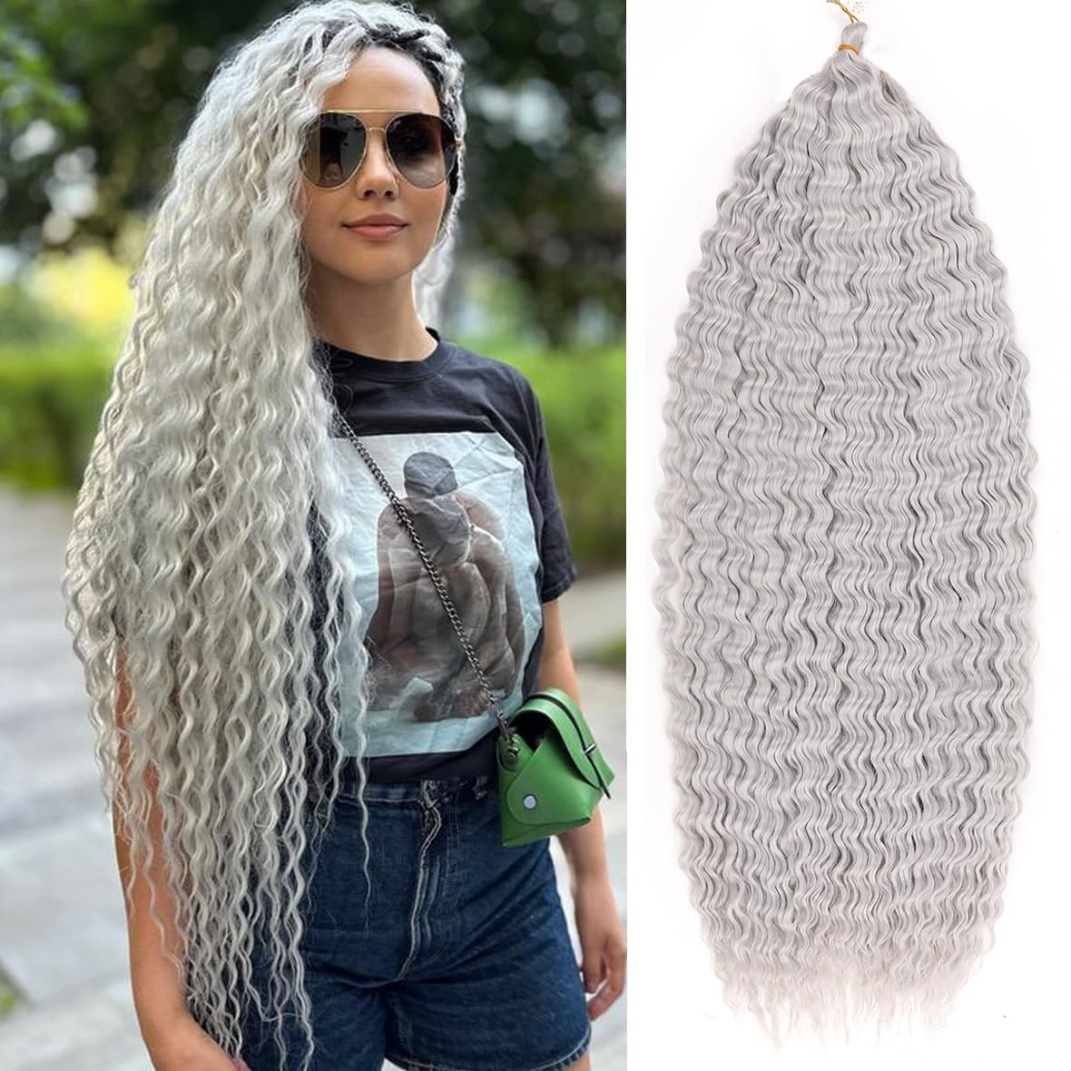 Kachanaa 30 Inch Ocean Wave Crochet Hair Synthetic Crochet Braiding Hair for Boho Box Braids 3 Pack Grey Pre-Separate Deep Wave Braiding Hair Extensions for Goddess Braids/Grey# โ image 1