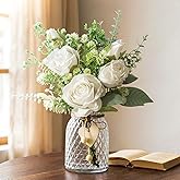 JOHOUSE 12.5inch Artificial Flowers Bulks in Vase, White Fake Roses in Vase Lifelike Faux Flower Arrangement for Wedding Home Table Centerpieces