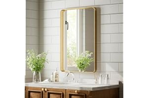 VooBang Bathroom Mirror 20x30 inch, Gold Gorgeous Deep Frame Wall Mirror, Modern Round Corner Bathroom Vanity Mirror for Bedroom, Living Room, Hanging or Leaning Horizontal or Vertical, Gold