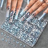 12Grids/1Box Light Blue Nail Art Rhinestones for Nails Supplies 3D Flatback Rhinestone Kit Round Beads Gemstones Multi Shape Bedazzling Crystal Diamonds Nail Gems for Crafting Nail Jewels Accessories
