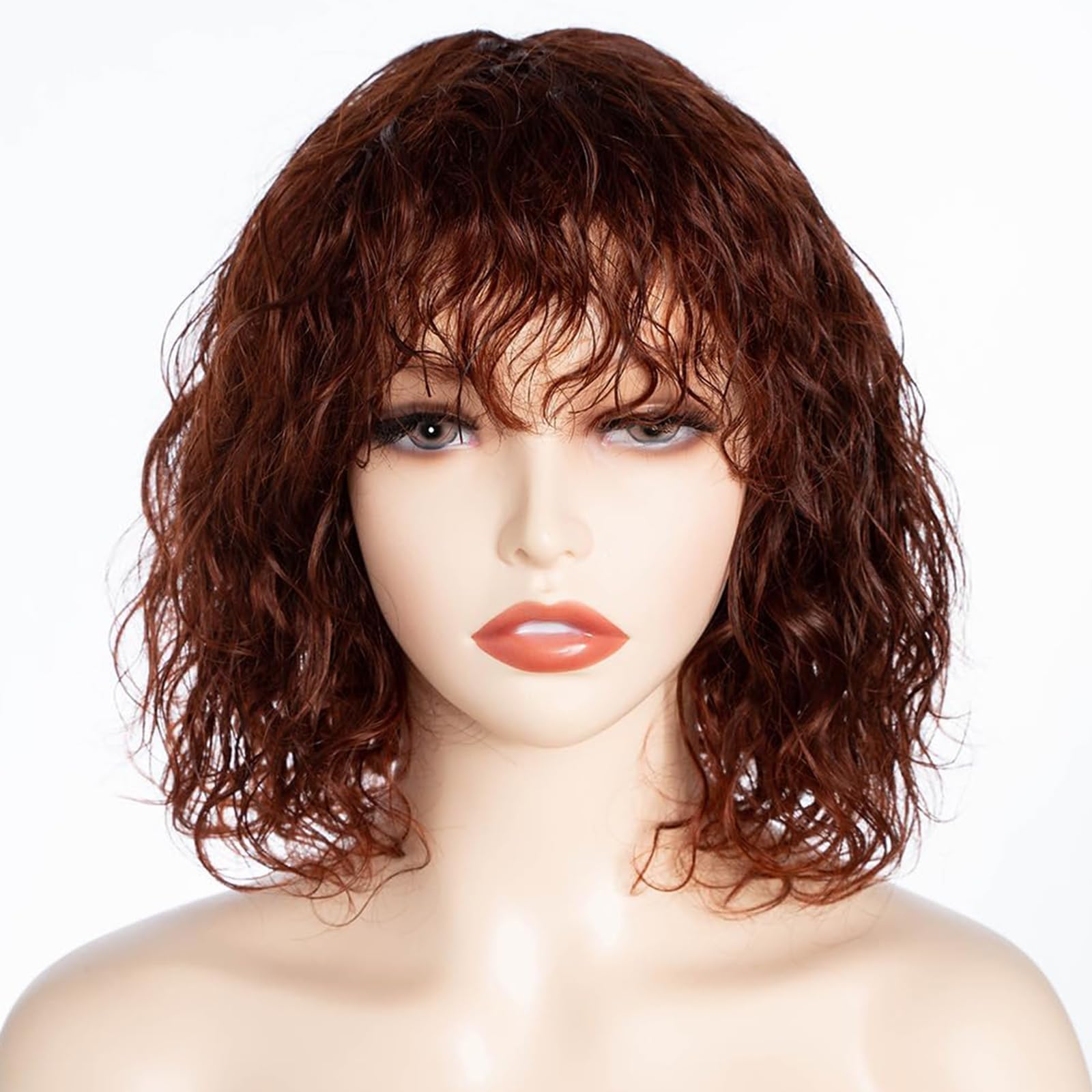 FASHION IDOL Bob Curly Human Hair Wig for Black Women 10 Inches Brazilian Virgin Human Hair Short Deep Water Wavy Wig with Bangs 150% Desity (10 Inch, Red Brown)