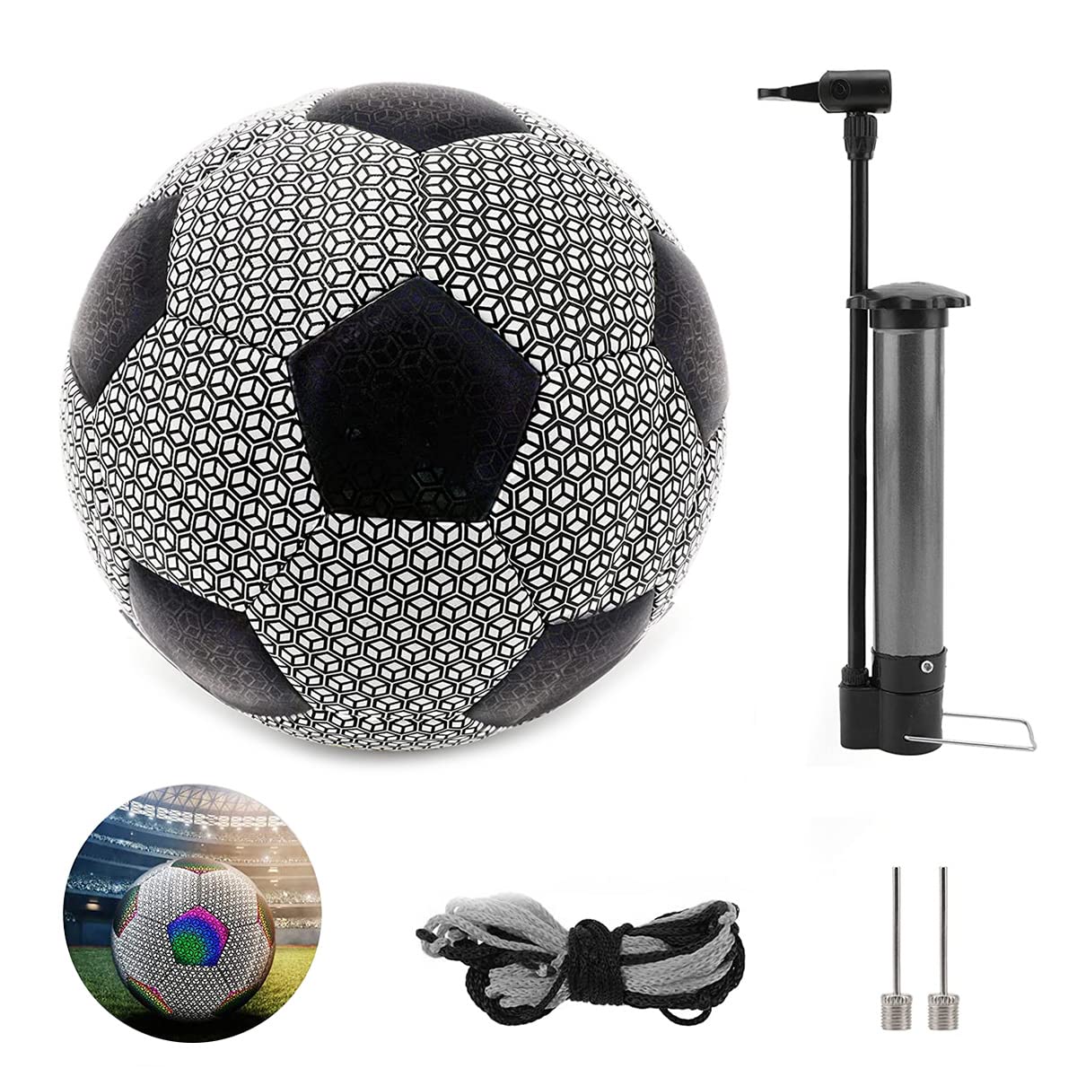 Hsthe Sea Reflective Football Size 4 Holographic Glowing Soccer Ball Light Up Led Bright For Night Training (White)