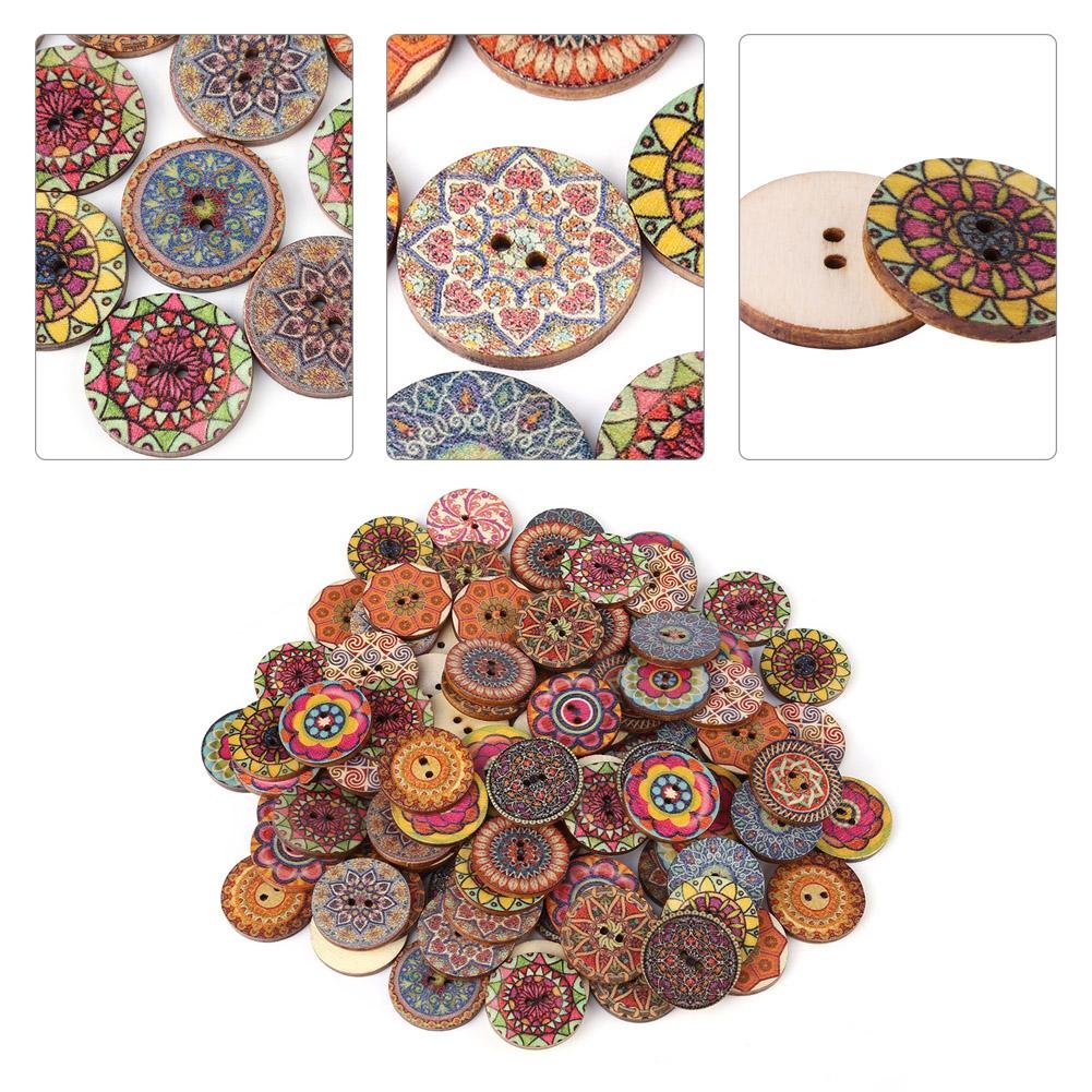 Wooden Buttons, 25mm Mixed Color Flower Pattern Round Vintage Decorative Buttons with 2 Holes for DIY Craft Sewing 100pcs Pack for Sewing Projects