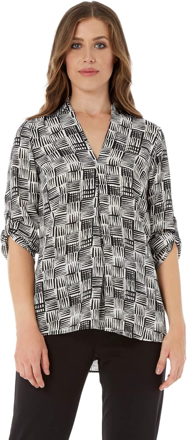 Roman Originals Women V Neck Front Pleat Top Ladies Monochrome