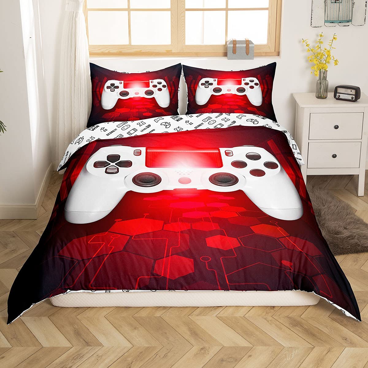 Loussiesd Boys Gaming Comforter Cover for Boys Teens Red White Gamepad Gamer Bedding Set Girls Kids Video Games Action Buttons Decor Duvet Cover Modern Novelty Electronic Game Bedspread Single