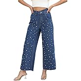 Kedera Womens High Waisted Pearl Jeans Casual Embellished Jeans Crossover Straight Leg Denim Pants with Raw Hem Dark Blue