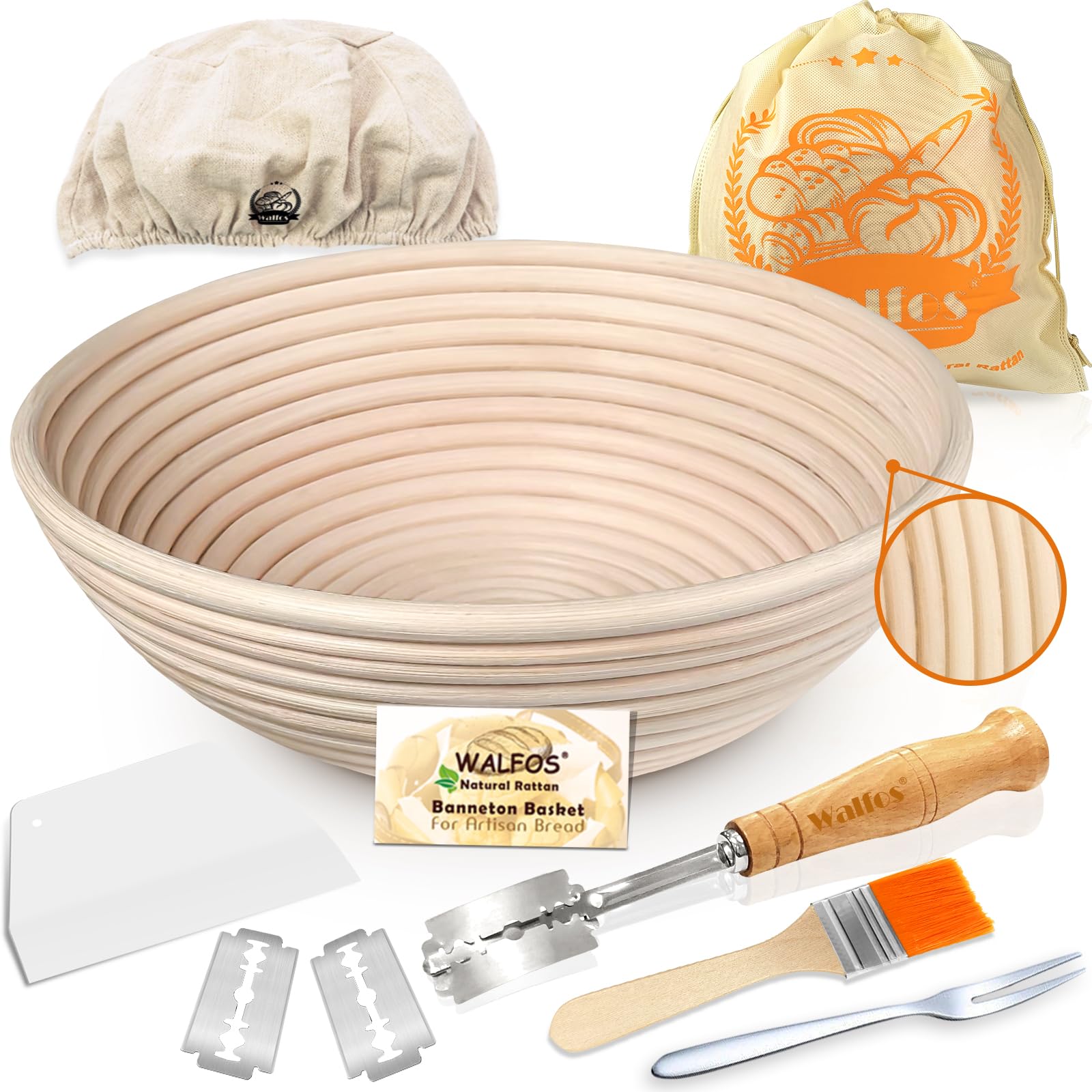 Banneton Sourdough Basket Set -Sourdough Starter kit, Natural Rattan - 25cm(10in) Bread Proofing Basket, Bread Lame, Dough Scraper, Cloth Liner, Storage Bag, Cleaning Brush & Bread Fork