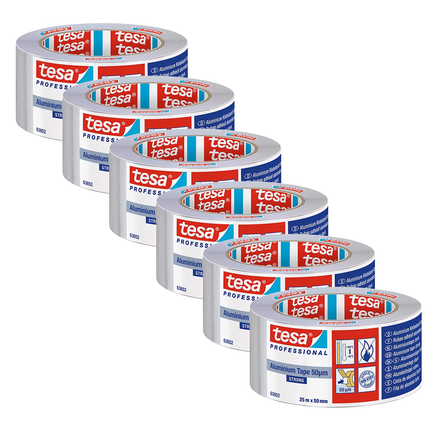 tesa Professional Aluminium Foil Tape for Repairing Ducts and Gutters, 50 mm x 25 m - 6 Rolls