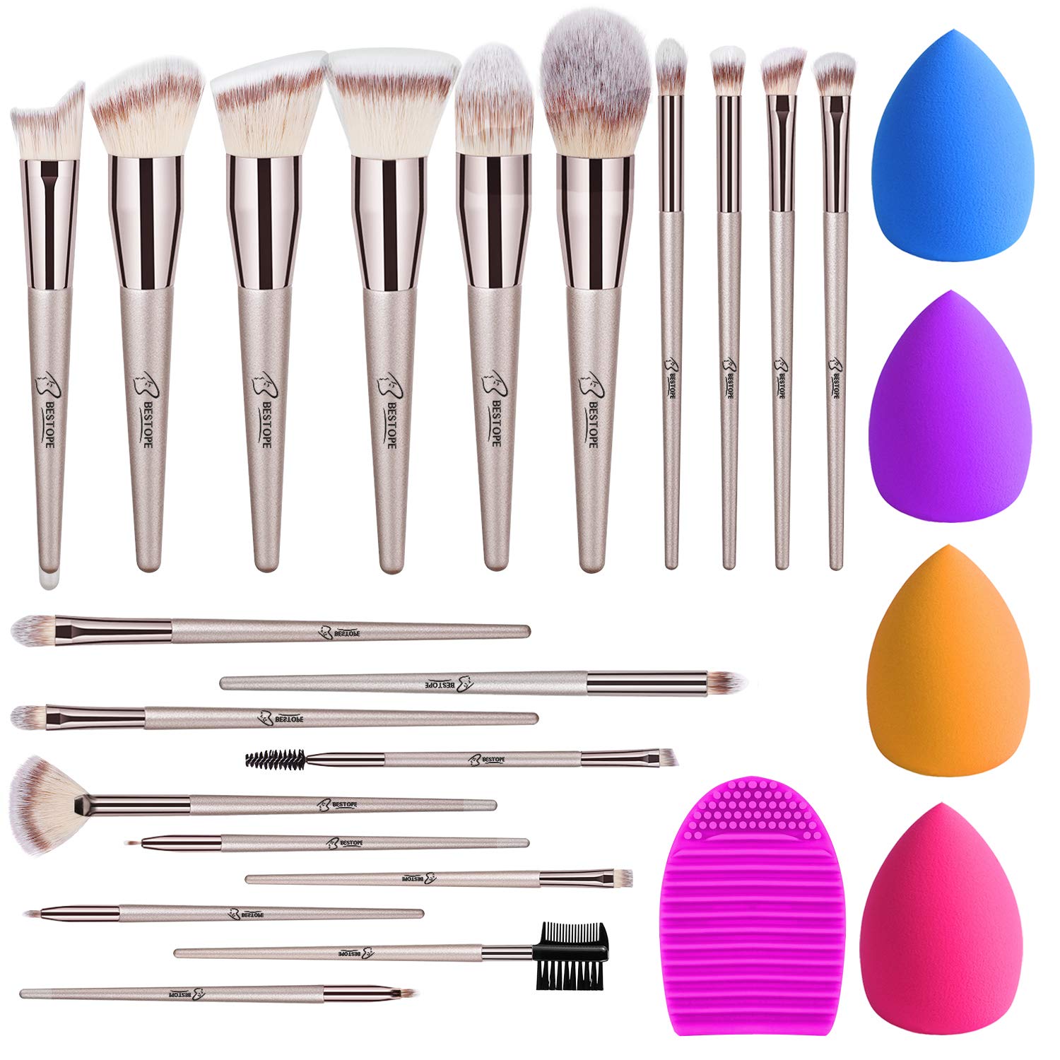 BESTOPE 18Pcs Makeup Brushes Set, 4Pcs Beauty Blender Sponge Set and 1 Brush Cleaner, Premium Synthetic Foundation Make Up Brushes Kit Champagne Gold Conical Handle: Beauty