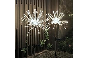 HFLYJPYW Solar Firework Lights 2Pcs Garden Lights Outdoor Waterproof, 120 LED with 8 Modes Twinkling and Steady-On, Festive daysStarburst Lights for Path, Patio, Yard (Cool White)