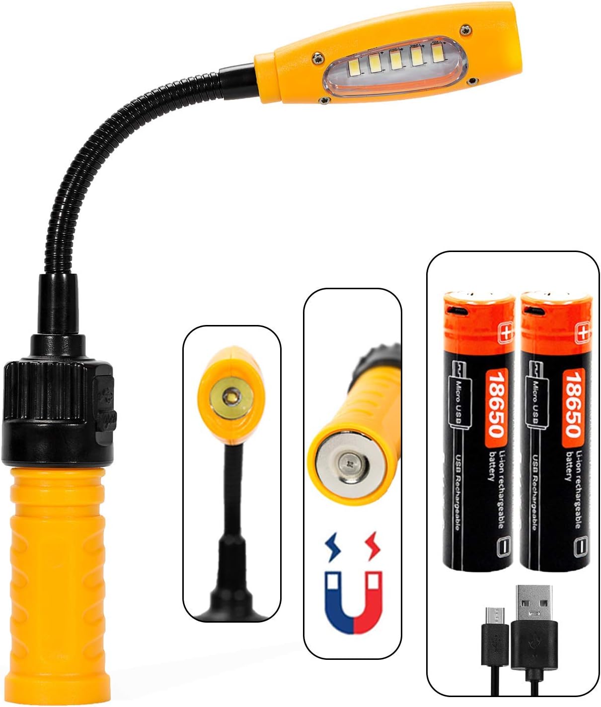 Go-to Work Light, Magnetic Base& Flexible Gooseneck, Handheld Flashlight & Flood Light, USB Rechargeable Battery Powered, 400 Lumens LED