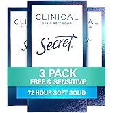 Secret Clinical Strength Soft Solid Antiperspirant and Deodorant for Women, Free & Sensitive, 1.6 oz, Pack of 3