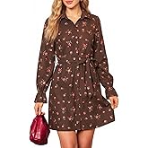 CUPSHE Women's Fall Winter Corduroy Dress Collar Button Down Shirt Dress Floral Long Sleeve Mini Belted Dresses