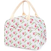 Cotton Quilted Insulated Lunch Bag, Cute Quilted Floral Lunch Tote Bags Reusable Insulated Lunch Box Coquette Aesthetic Large Capacity Insulated Cooler for Women Work Travel Picnic (Big Pink Flowers)