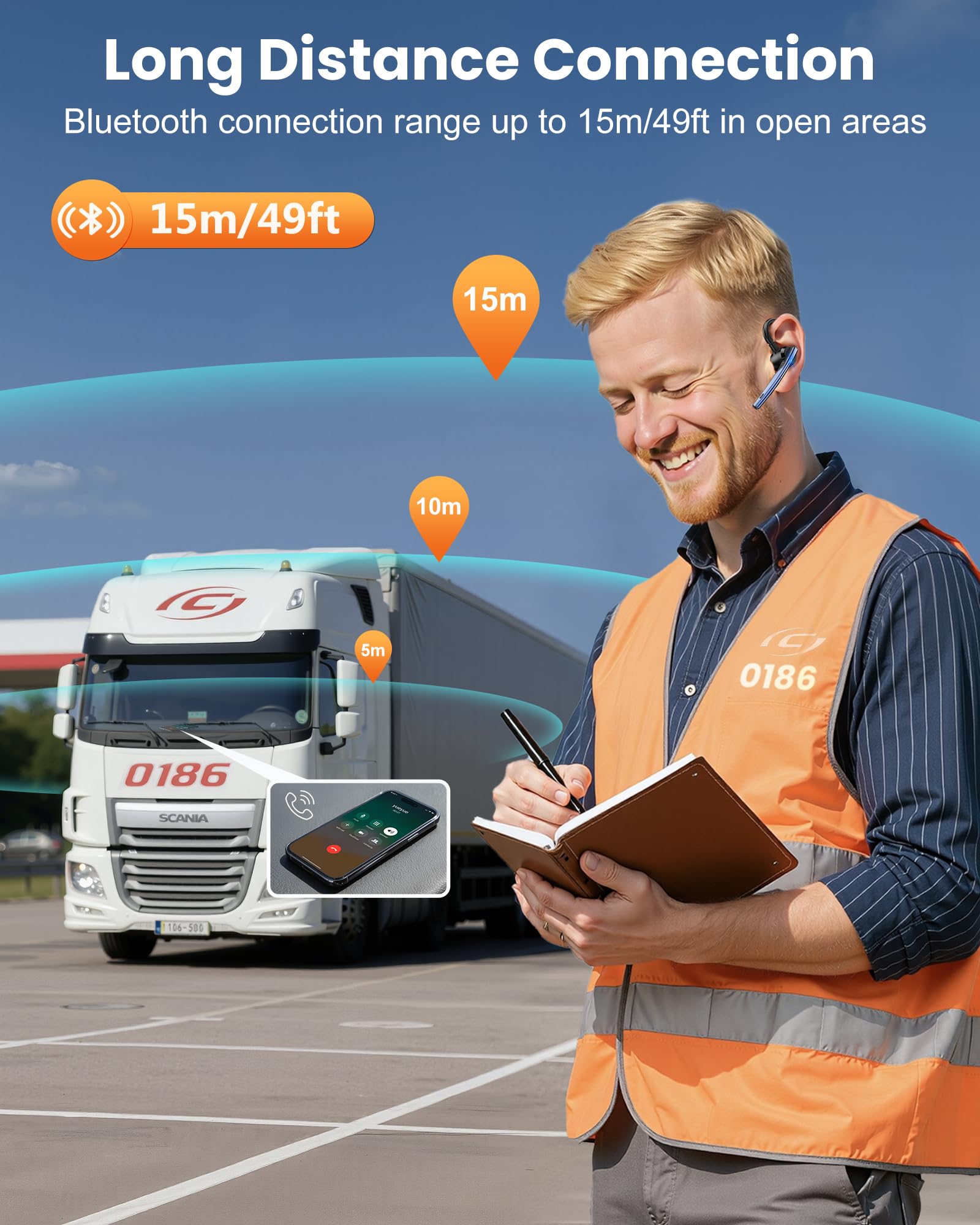 New Bee Bluetooth Headset V5.1 Bluetooth Earpiece Dual Mic with 500mAh Charging Case 72H Talk Time Wireless Hand-Free Headsets with Mute Button for Cell Phone Calls Driving Motorcycle Computer