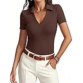 Meetrendi Womens Short Sleeve Business Casual Tops Summer V Neck Polo Work Shirts 2025 Fitted Basic Collared Shirt