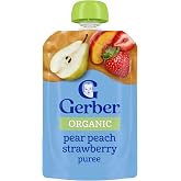 Gerber Organic Stage 2 Pear Peach Strawberry Pouch, 3.5 Oz | Organic stage 2 pouch; 2 servings of fruit; no added sweetener or artificial colors; 3.5 oz