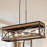 Rustic Farmhouse Wood Kitchen Island Lighting, 5 Lights Rectangular Pendant Light Fixture, Adjustable Chain Oak Wood and Meta