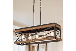 RKUCSR Rustic Farmhouse Wood Kitchen Island Lighting, 5 Lights Rectangular Pendant Light Fixture, Adjustable Chain Oak Wood and Metal Linear Chandelier for Dining Room Kitchen Island Farmhouse, Black