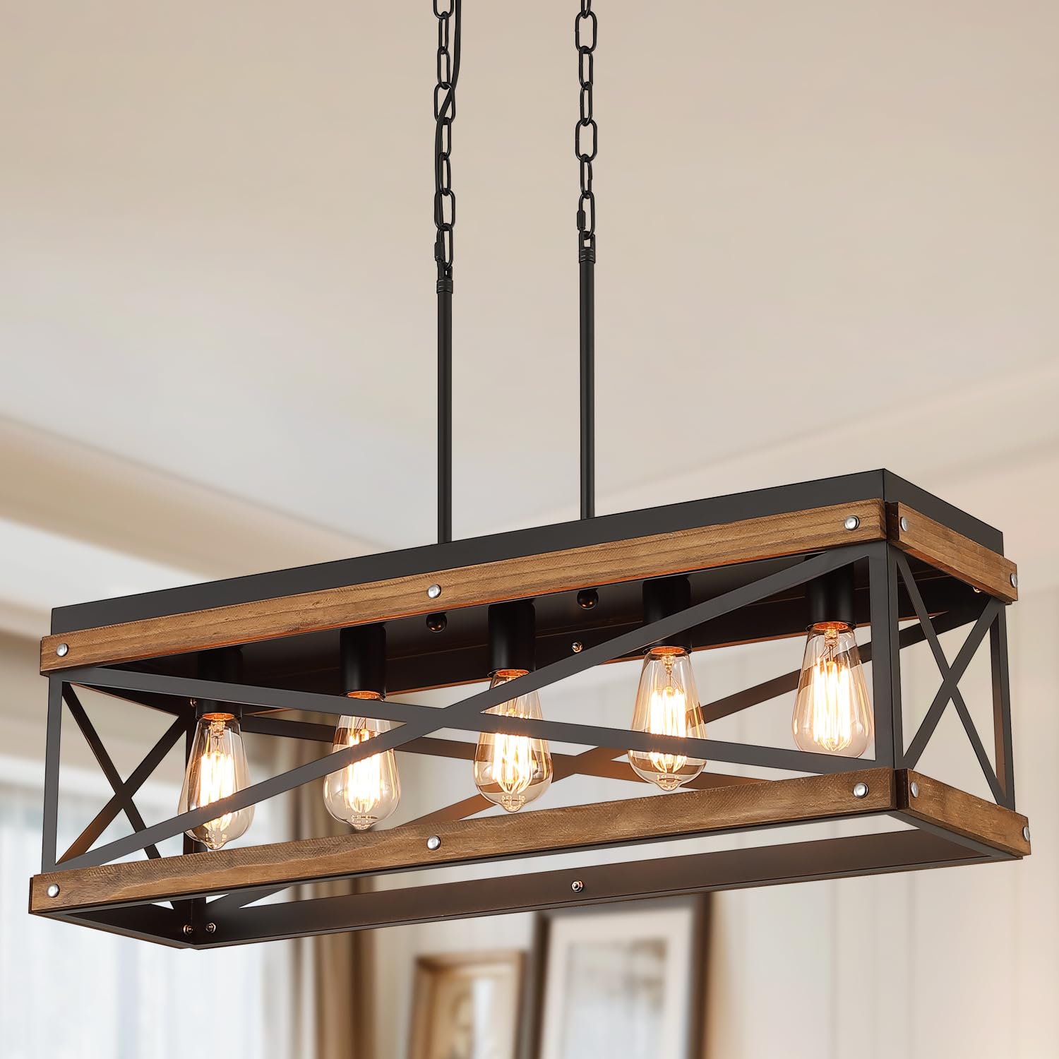 Photo 1 of Rustic Farmhouse Wood Kitchen Island Lighting, 5 Lights Rectangular Pendant Light Fixture, Adjustable Chain Oak Wood and Metal Linear Chandelier for Dining Room Kitchen Island Farmhouse, Black