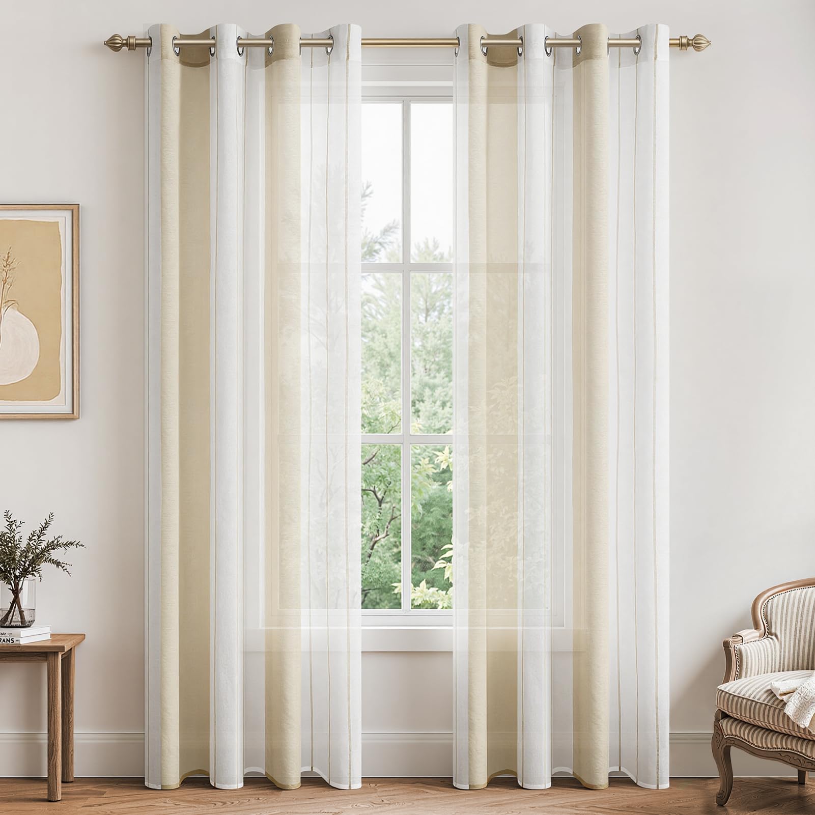 MRTREES Voile Curtains 88 Drop 2 Panels Cream and White Eyelet Voile Curtain with Stripe Design Semi Sheer Curtains For Kids Living Room Bedroom Kitchen Curtains 55x88 Inch 140x225 cm