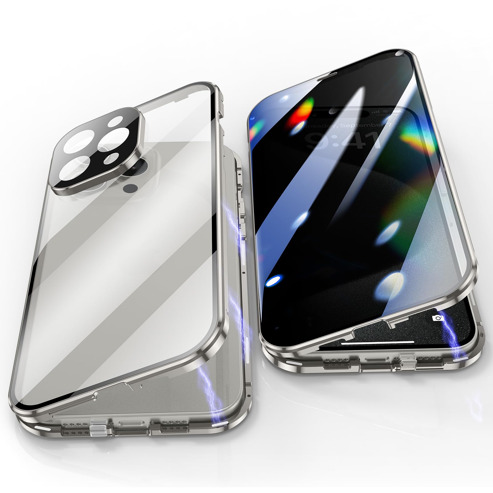 Jonwelsy Anti Peeping Case for iPhone 15 Pro (6.1"), 360 Degree Front and Back Privacy Tempered Glass Cover, Anti SPY Screen, Anti Peep Magnetic Adsorption Metal Bumper for iPhone 15 Pro (Silver) โ image 1