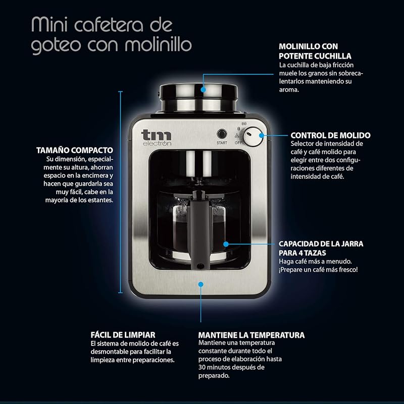 TMPCF020S Mini cafetera de Goteo con Molinillo Grano, 4 Tazas, 600W y Filtro Lavable Compatible con café molido, 600 W, 6 Cups, Acero Inoxidable, Plata — foto 2 de 7