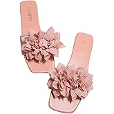 BEAUDRM Women's 3D Floral Flat Sandals Dressy Square Open Toe Sandals Single Band Casual Slip on Slides