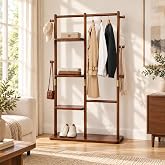 GZQXHOME Solid Wood Coat Rack,Wooden Coat Rack Freestanding（Brown） | Wood coat rack with 5 Hooks and 3 storage layers.Ideal for entryway and bedroom, easy to assemble