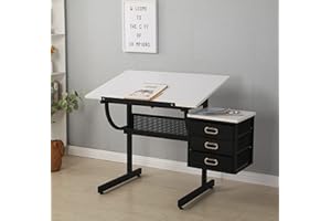 ANWICKJEFF Drafting Drawing Table with Stool and 3 Drawers, Adjustable and Extendable,Sturdy Construction for Adults and Teen(White)