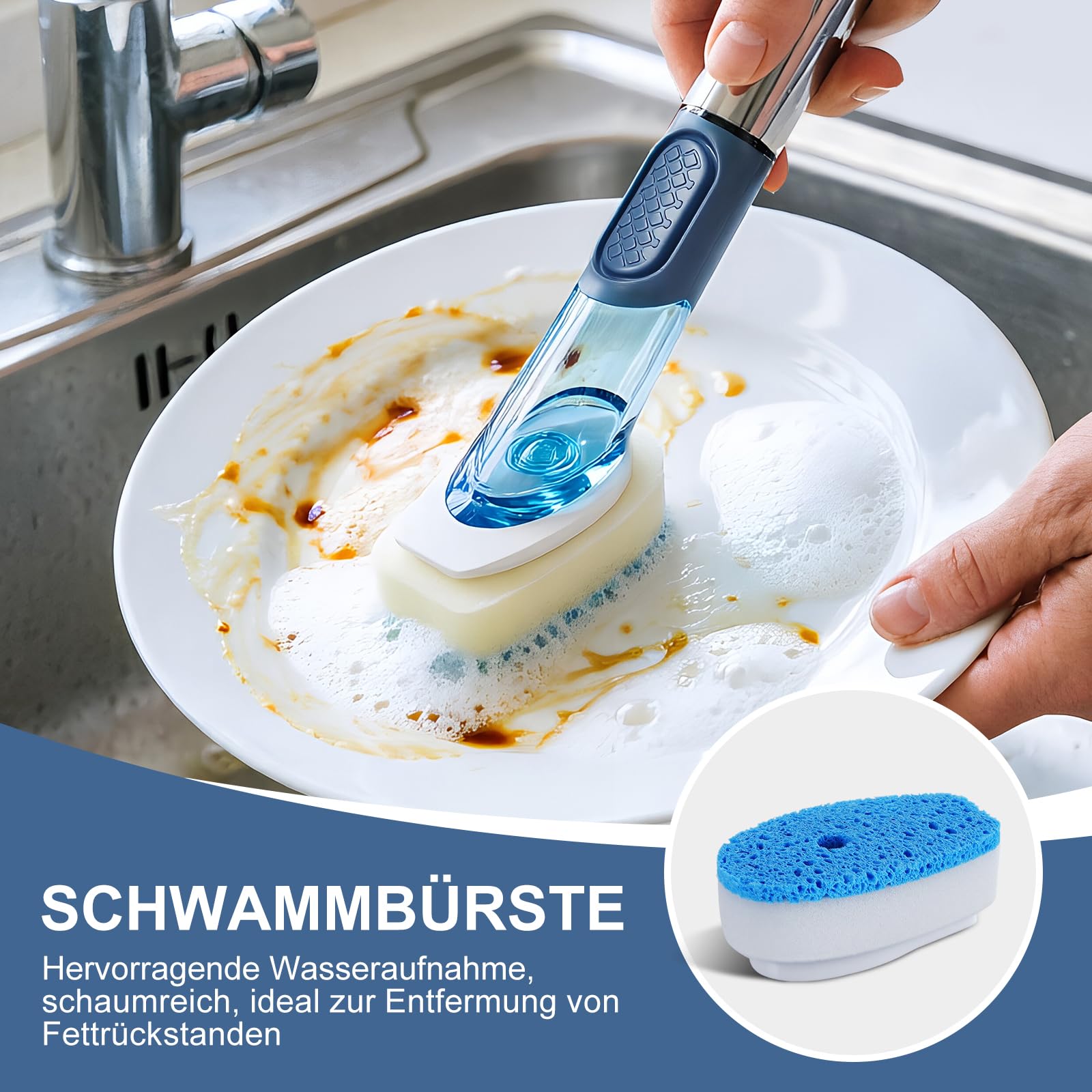 Masthome Spülbürste mit Spülmittelspender, Befüllbare Spülbürste, 4 Verschiedenen Ersatzköpfen, Multifunktional Küchenbürste Reinigungsbürste, Geschirrbürste für Geschirr, Töpfe, Spülen Reinigung 4