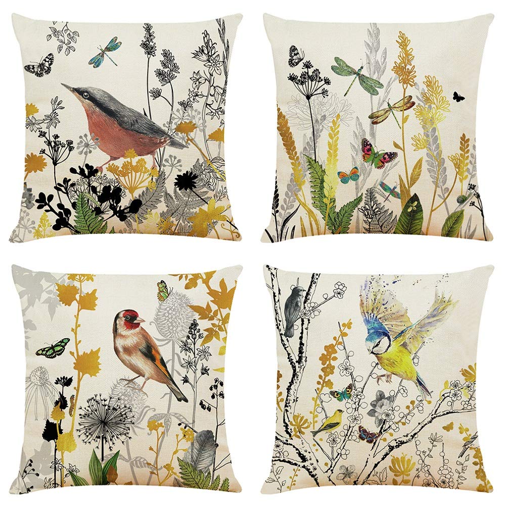 Decorative Throw Pillow Covers 18x18 inches Set of 4 Birds Butterfly and Plant Cushion Covers 45cm x 45cm Boho Linen Square Throw Pillow Cases for Living Room Sofa Couch Bed Pillowcases (Gold Black) — image 1