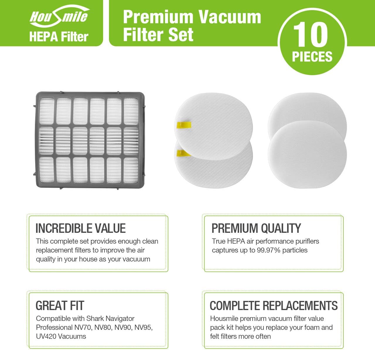 Housmile Vacuum Filter Replacement Set Compatible for Shark Navigator Professional NV70, NV71, NV80, NVC80C, UV420 & Shark Rotator Professional XL Capacity NV90, NV95, Replacement Part XFF80 ＆ XHF80: Appliances