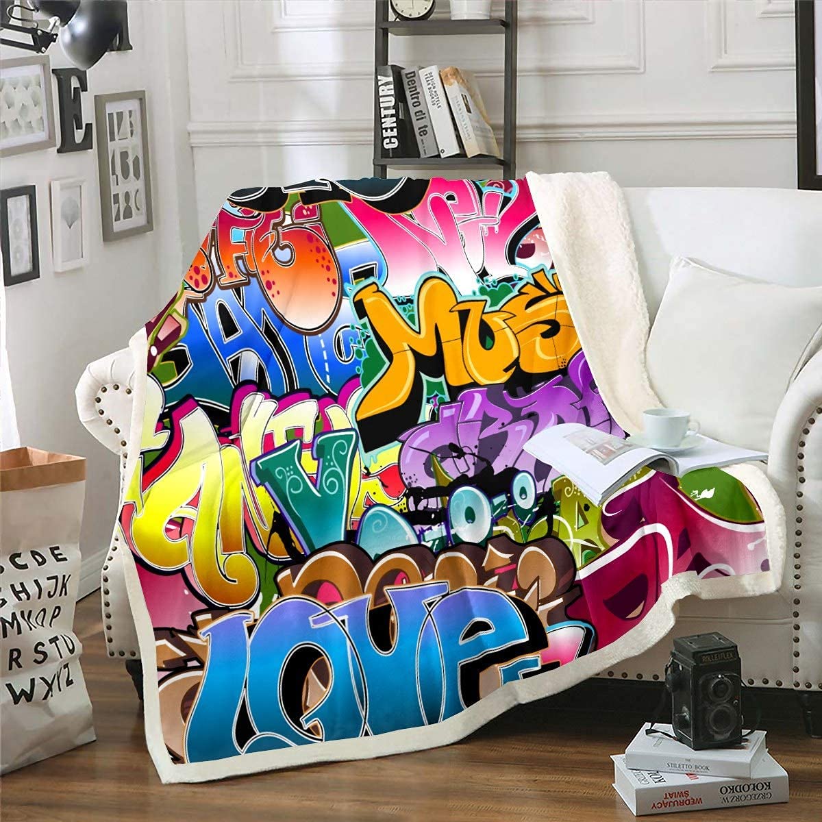 Loussiesd Hippie Graffiti Style Sherpa Blanket Kids Boys Hip Hop Street Culture Fleece Throw Blanket Teens Colorful Graffiti Pattern Plush Blanket Hipster Fuzzy Blanket for Sofa Bed 40x50 Inch