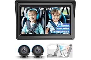 ECOCONUT Baby Car Camera Dual Channel, 7'' HD 1080P Monitor & 2 Camera, Split Screen Display, Night Vision & 150° Wide View Baby Car Mirror Camera for Rear Facing Seat Backseat, Plug and Play, 360° Rotation