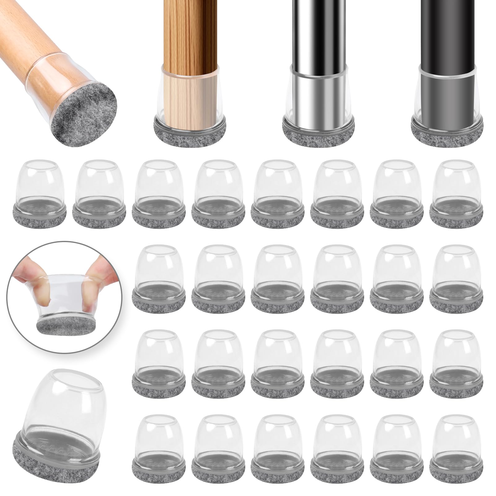 Ezprotekt 32Pcs Silicone Chair Leg Floor Protectors, Chair Feet Cover Wrapped Felt Furniture Slider Covers Hardwood Floor Cups Protectors Caps for Extra Small Furniture Feet,Grey (Round, Fit 13-20mm)