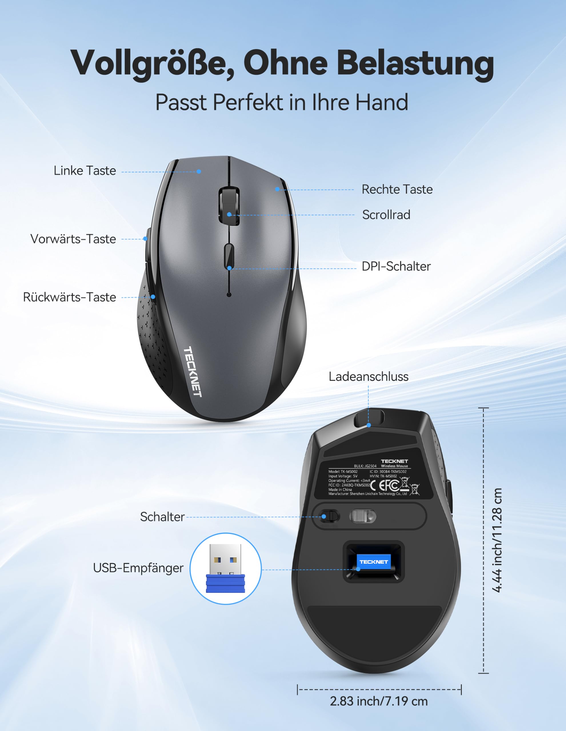 TECKNET PRO Kabellose Maus Wiederaufladbar, Silent Funkmaus 6400 DPI, 2,4 GHz Computermaus, Ergonomische Griffe, 6 Tasten, Tragbar Maus für PC, Laptop,Chromebook, Mac-Grau 7