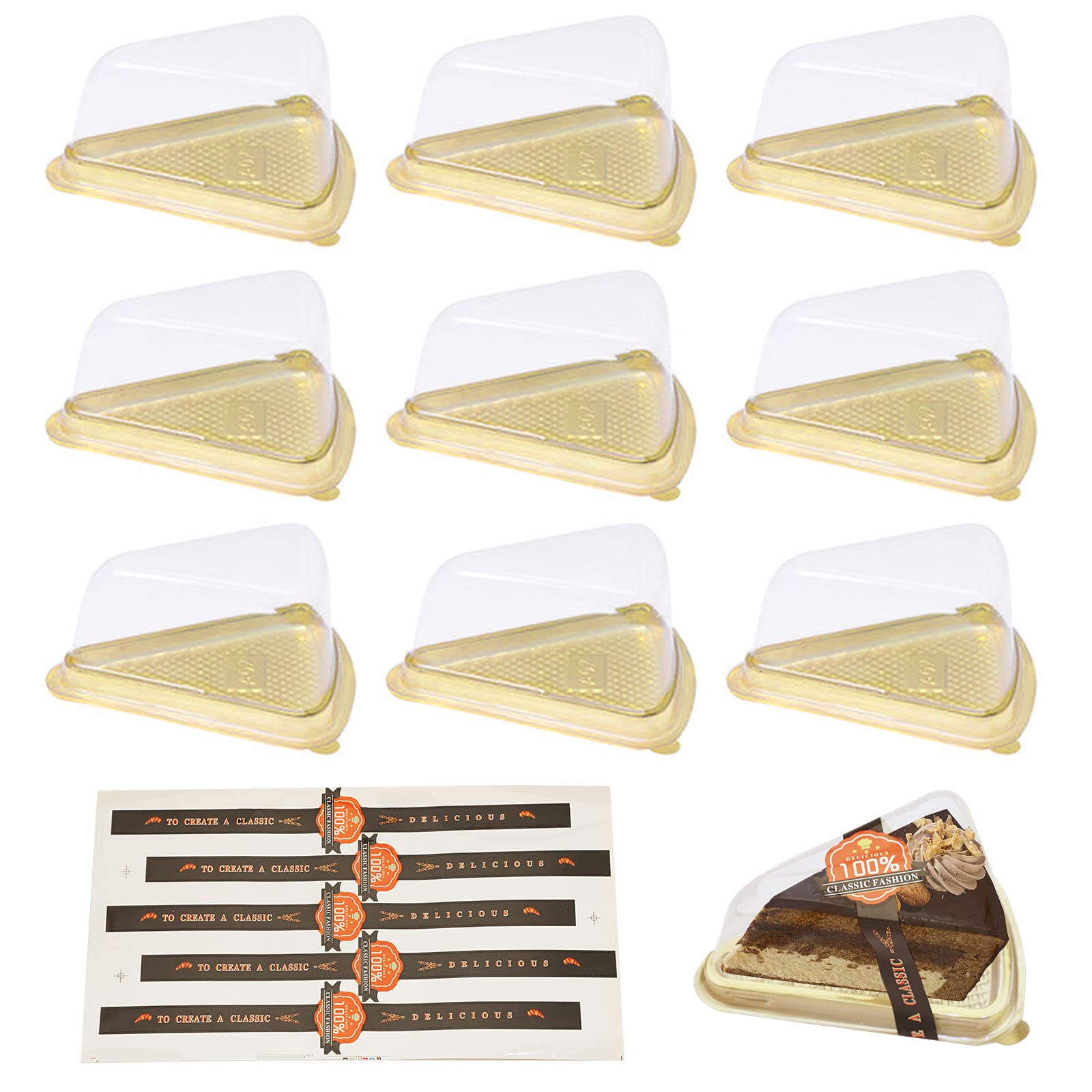 50 Pcs Triangle Cake Boxes Clear Cake Slice Container Holder Clear Cheesecake Box with Stickers Plastic Individual Triangle Dessert Box for Cheesecake Pudding Sandwiches Sushi Display Storage (Gold)