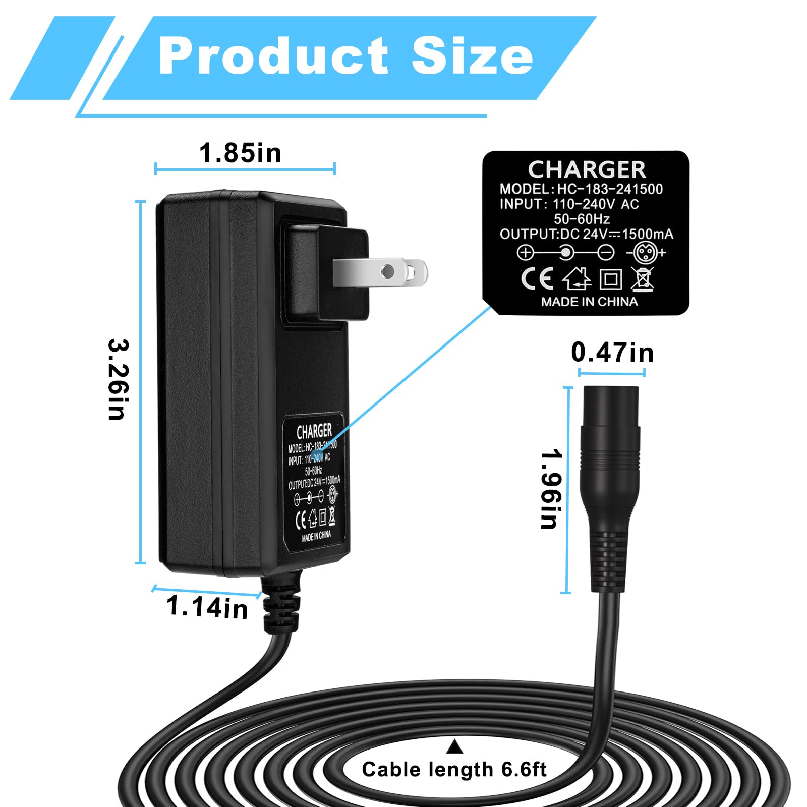 24V Electric Scooter Charger for Razor E300 E200 E150 E125 E100 MX350 Dirt Bike Pocket Mod Sports Mod Dirt Quad Motorcycle Razor Scooter Charger 3-Prong Inline Female Electric Battery Power Cord