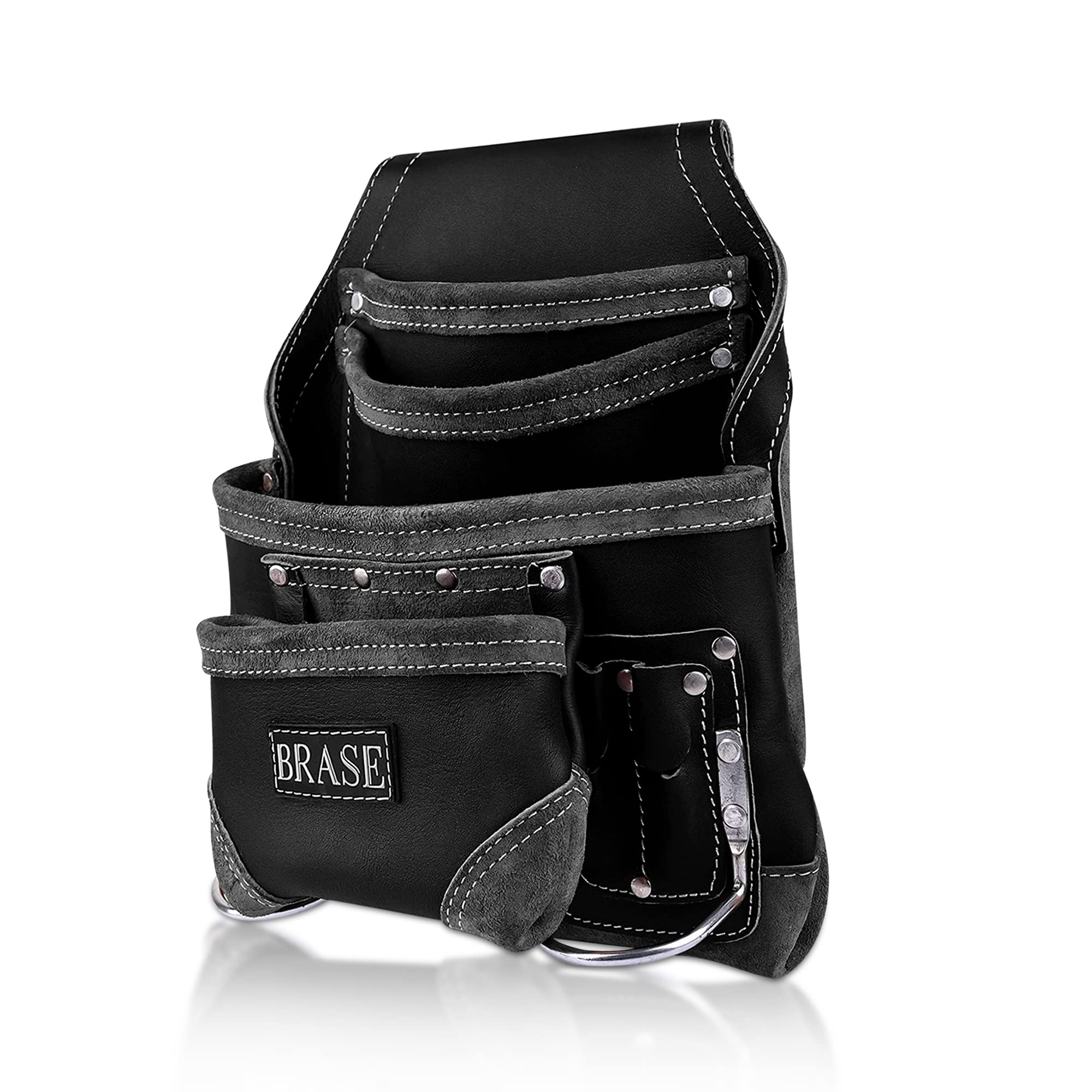 Brase Tool Bag, Leather 10 Pouch with Multi Pockets, Work Bag, Storage Organizer Hammer Loop Professional Work Pouch for Builder, Electricians. (Black)