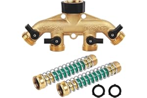 DTRK Heavy Duty Brass Garden Hose Splitter, 3/4" 4-Way "Y" Shut-Off Hose Connector Outlet Splitter Spigot Adapter with 2 Kink-Free Outdoor Faucet Extension Hose Protectors for House Lawn Patio Garden