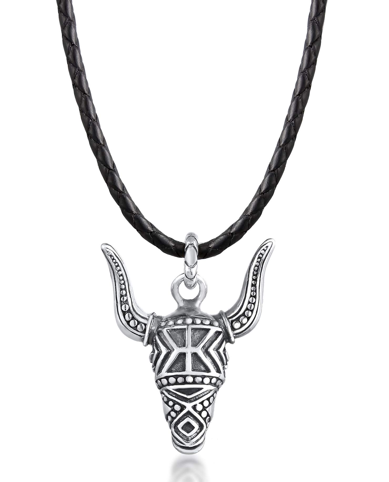 Kuzzoi Men's Leather Necklace with Bull Head Pendant Decorated (29 mm) Made of 925 Sterling Silver Oxidised Genuine Leather Men's Necklace with Bull Skull Braided for Men, Length 60 cm, one size,