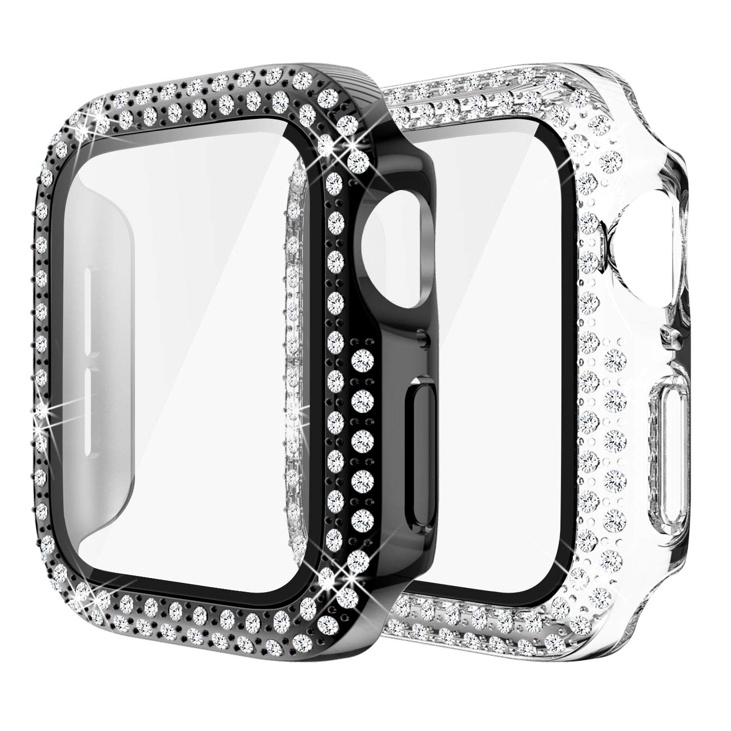 Yolovie (2-Pack) Compatible for Apple Watch Case with Screen Protector 44mm Series 6/5/4/SE, Bling Cover Diamonds Rhinestone Bumper Protective Frame for iWatch Girl Women (Clear/Black)