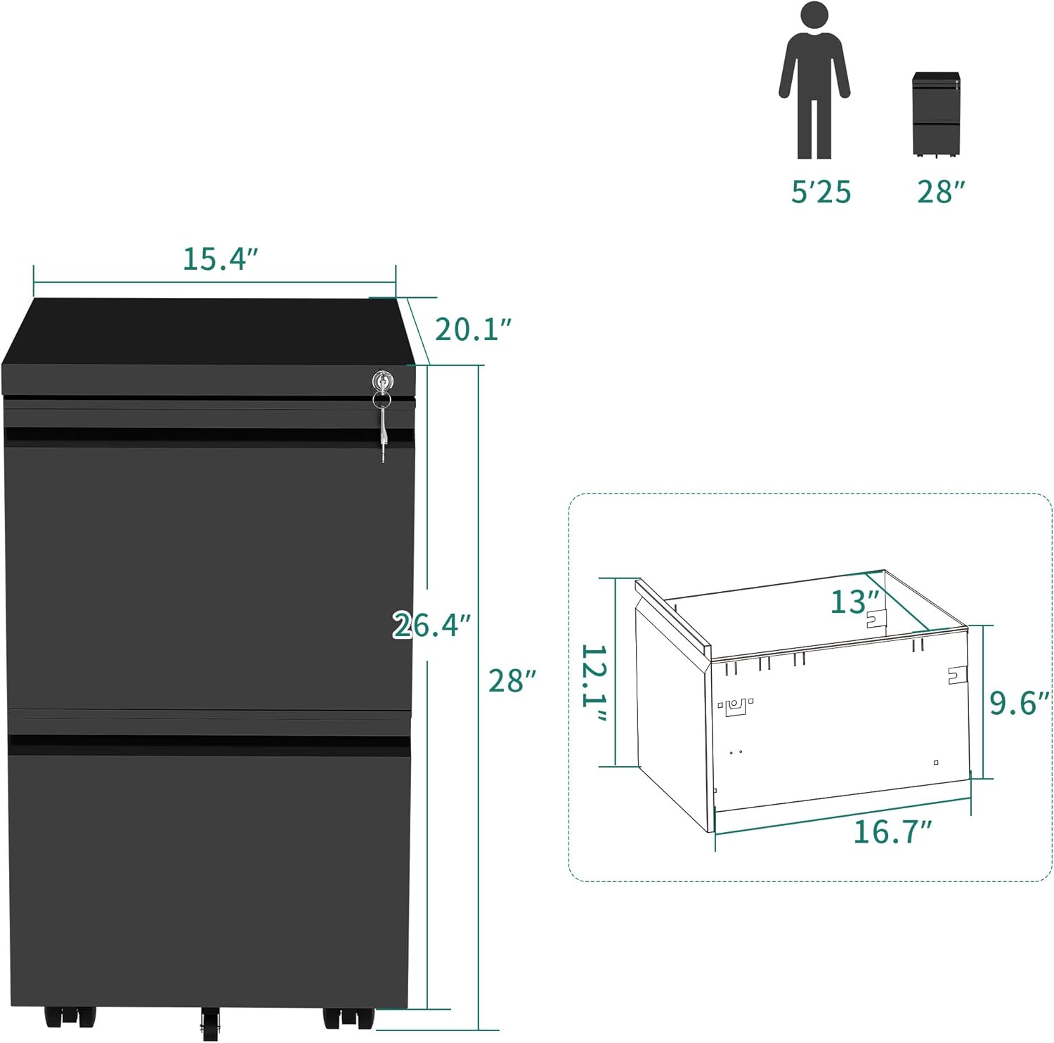 YITAHOME 2-Drawer Vertical File Cabinet with Lock, Portable Mobile Metal File Cabinet for Legal/Letter Size, Pre-Built Office Storage File Cabinet Except Wheels Under Desk - Black: Furniture & Decor