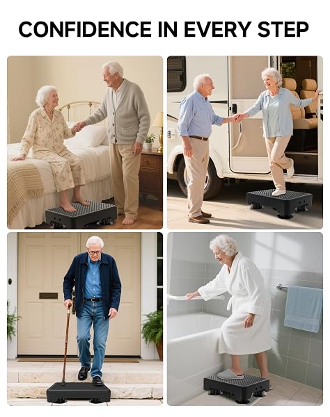 LIFTOZA ADJUSTABLE STEP STOOL FOR ADULTS, BED STEP STOOLS, 600 LBS CAPACITY SAFETY WIDE STEP PLATFORM, INDOOR AND OUTDOOR STEPS FOR SENIORS, NON-SLIP STEPPING STOOL ELDERLY ASSISTANCE, BLACK