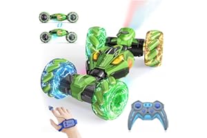 FLUESTON Gesture Sensing RC Stunt Cars - Toys for Boys Girls 6-12 | Best Gifts for Kids 6-12 Years Old | 4WD 360° Rotating Remote Control Transform Car | All-Terrain Off Road Vehicle with Lights Music Green