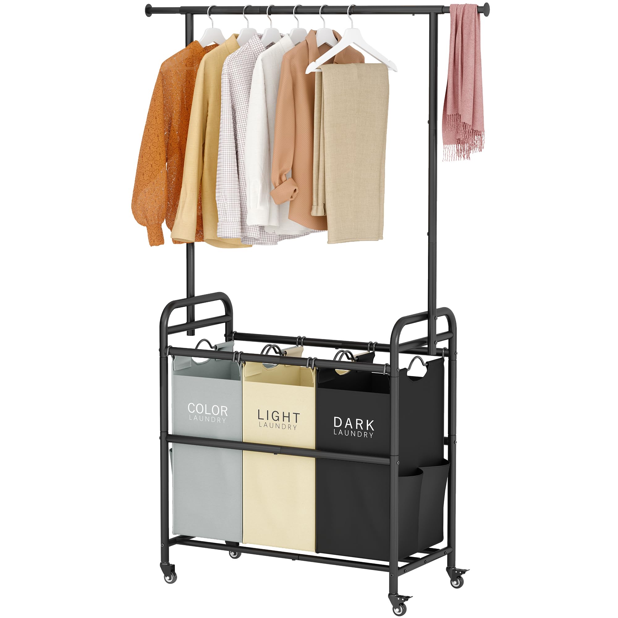 Photo 1 of Tajsoon Laundry Sorter Cart with Hanging Clothes Rack, 3 Butler Sorter Basket Organizer, Laundry Hamper Cart with Heavy Duty Rolling Lockable Wheels, 3 Colors