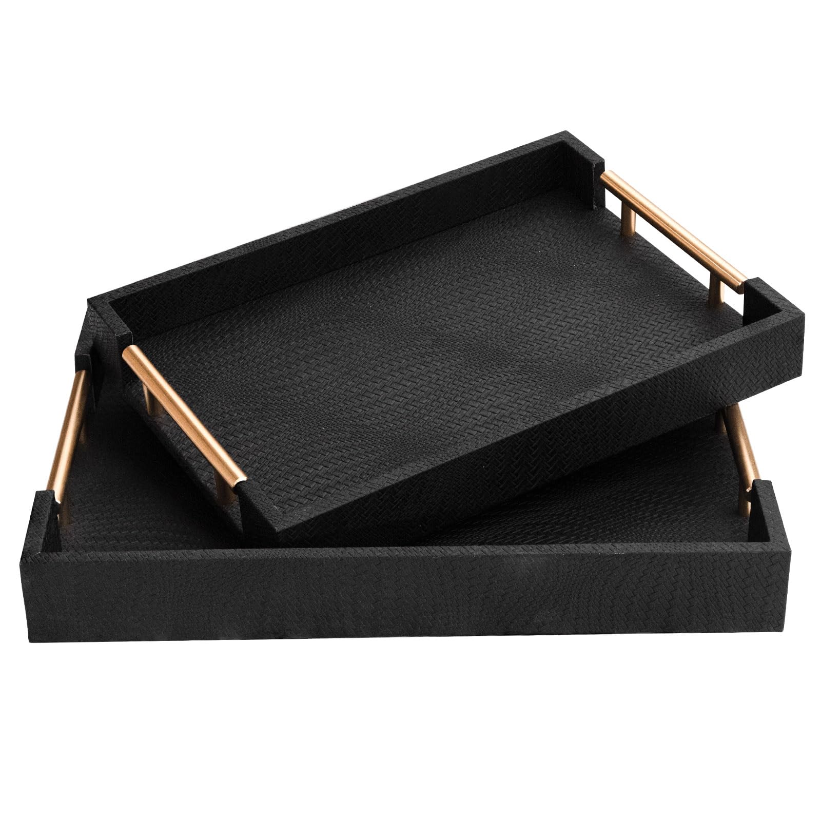 Photo 1 of MACVAD 2 Piece Woven Leather Ottoman Tray with Gold Handles, Perfect Rectangular Serving Tray for Living Room, Coffee Table Tray as Thoughtful Gift for Home Decor Enthusiasts (Black)