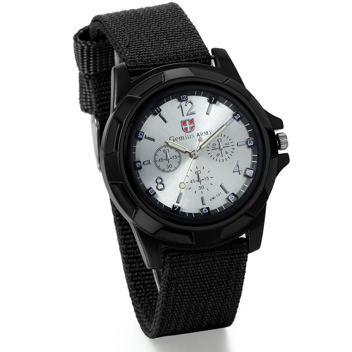 JewelryWe Mens Military Army Pilot Aviator Style Outdoor Sports Watch Black Fabric Canvas Strap Wristwatch (White Dial)